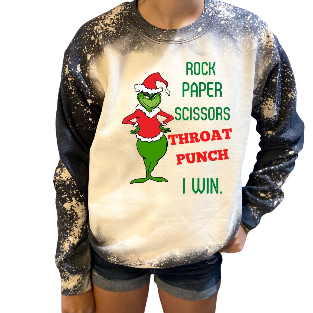 Grinch Rock Paper Scissors Punch I Win Grinch Bleached Sweatshirt -  Walmart.com