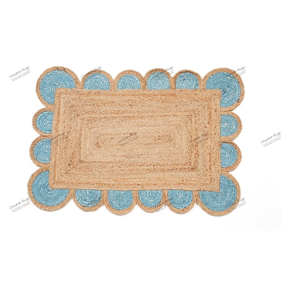 Rectangle Rug Natural Jute Rug Hand Braided Beige and Light Blue Border Color Rounding Line Area Rug