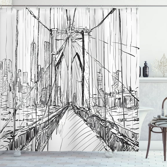 Ambesonne NYC Scene Shower Curtain, Creative Bridge Drawing, 69"Wx70"L, Charcoal Grey White