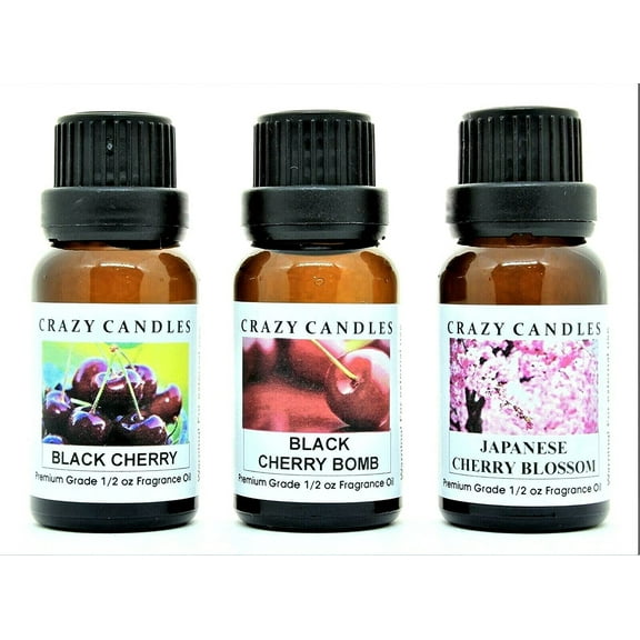 Crazy Candles 3 Bottles Set, 1 Black Cherry, 1 Black Cherry Bomb, 1 Japanese Cherry Blossom 1/2 Fl Oz Each (15ml) Premium Grade Scented Fragrance Oils