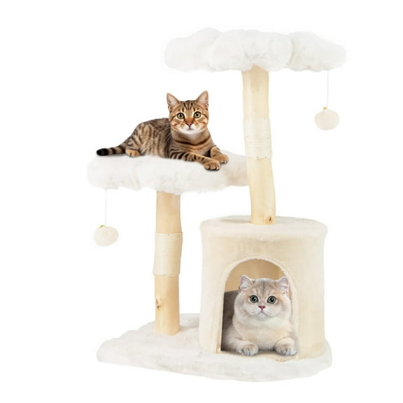 Yardi Yarda Cute Solid Wood Cat Tree Natural Branch Modern Flower Cat Tower with Sisal Scratching Posts, Beige
