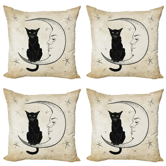 Ambesonne Moon Throw Pillow Cover 4 Pack, Black Cat Siting on Moon, 20", Sand Brown Black
