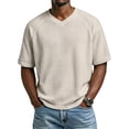 thumbnail image 2 of Men's V-Neck Raglan Short Sleeve T-Shirt, Waffle Knit Casual Tee with Contrast Sleeves, Plus Size Loose Fit Top Khaki 2XL, 2 of 4
