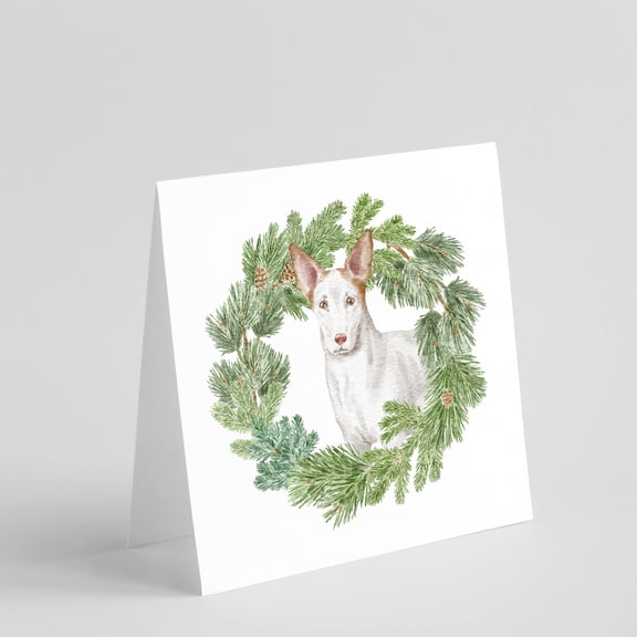 Ibizan Hound with Christmas Wreath Square Greeting Cards and Envelopes Pack of 8 5 in x 5 in