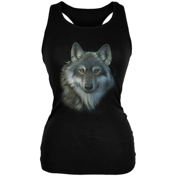 Timber Wolf Face Juniors Soft Tank Top Black MD