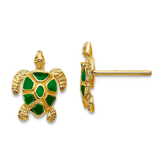 9mm 10k Solid Yellow Gold Green Enameled Sea Turtle Post Earrings 11x9mm Wide Stud Earring for Women