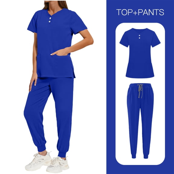 purcolt Women's Scrubs Set Short Sleeve Two Button V-Neck Scrubs Top & Elastic High Waist Drawstring Jogger Pants Medical Scrubs Set with Pockets