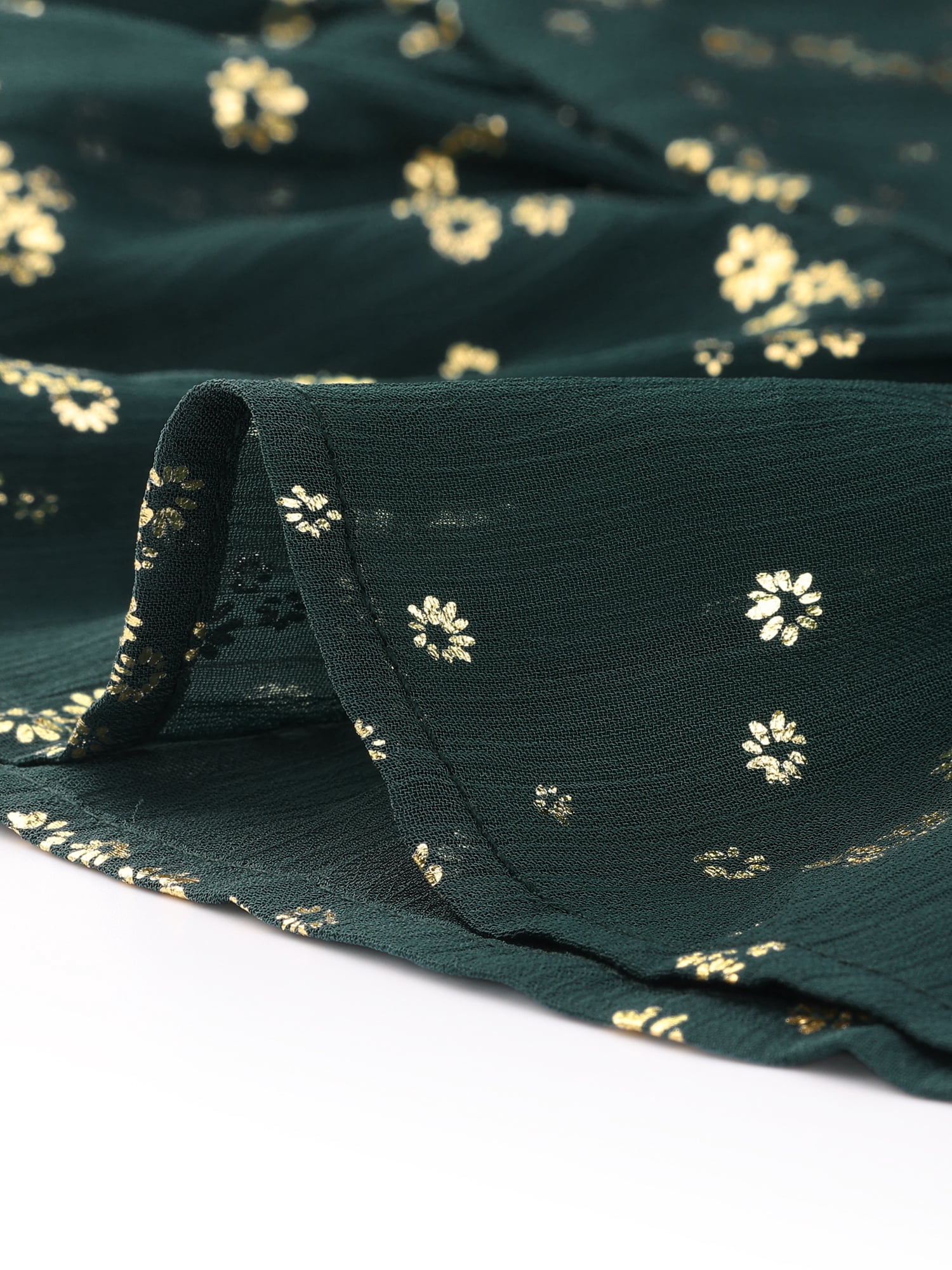 DARING DIVA Button Up Smocked Chiffon Metallic Star Dress S Dark Green-Floral