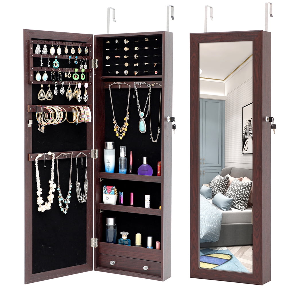 Mirror Jewelry Storage Lockable Jewelry Armoire with Full