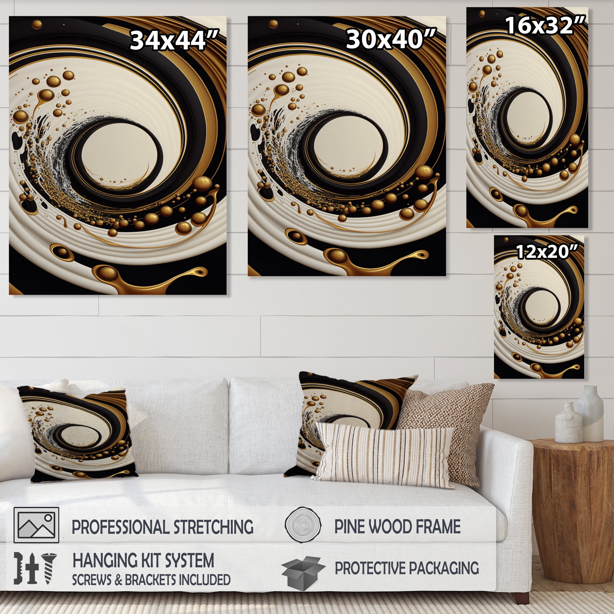 Designart Black, Silver And Gold Blending Swirls IV Canvas Wall Art
