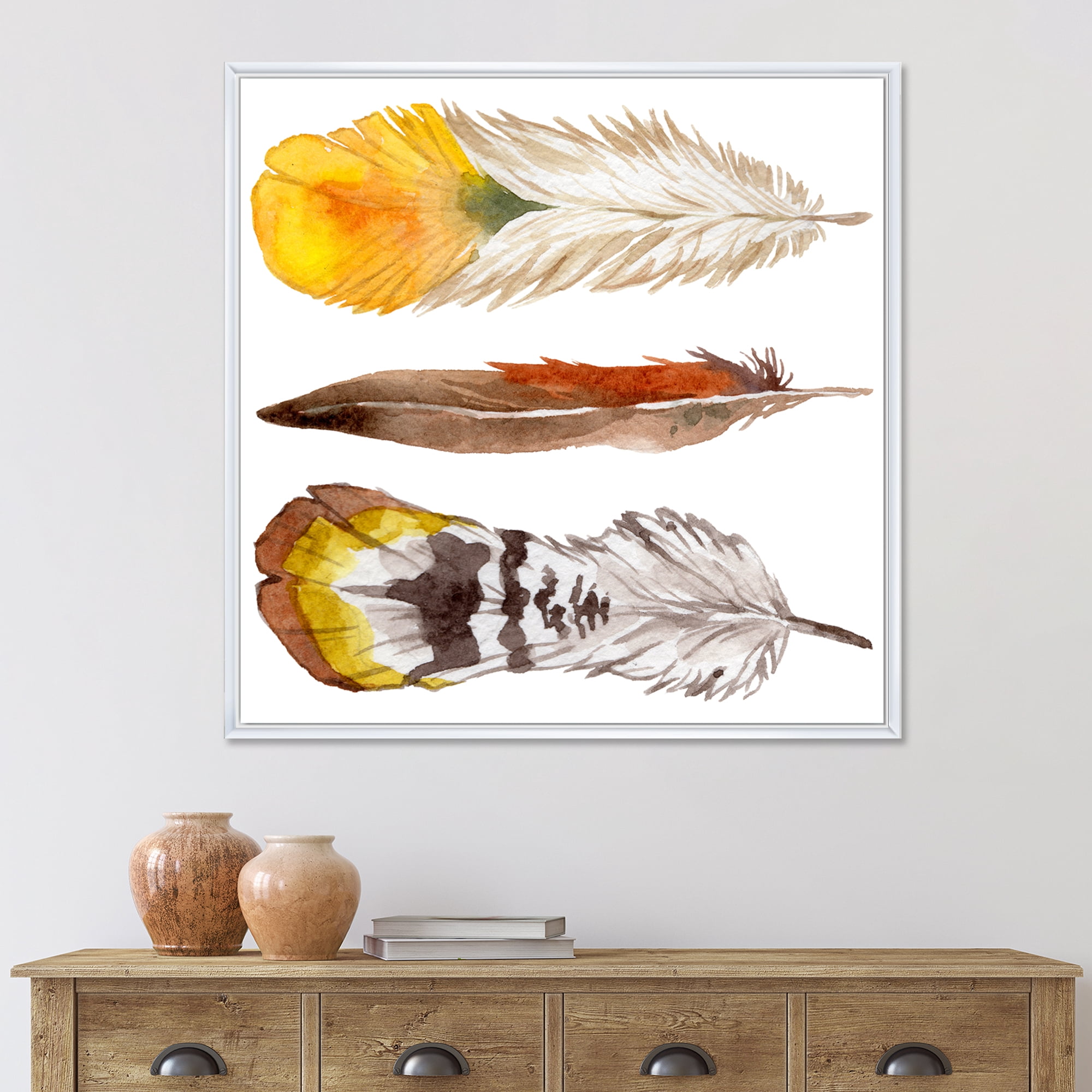 Designart 'Ethnic Yellow Feather From Wing On White' Bohemian & Eclectic Framed Canvas Wall Art Print