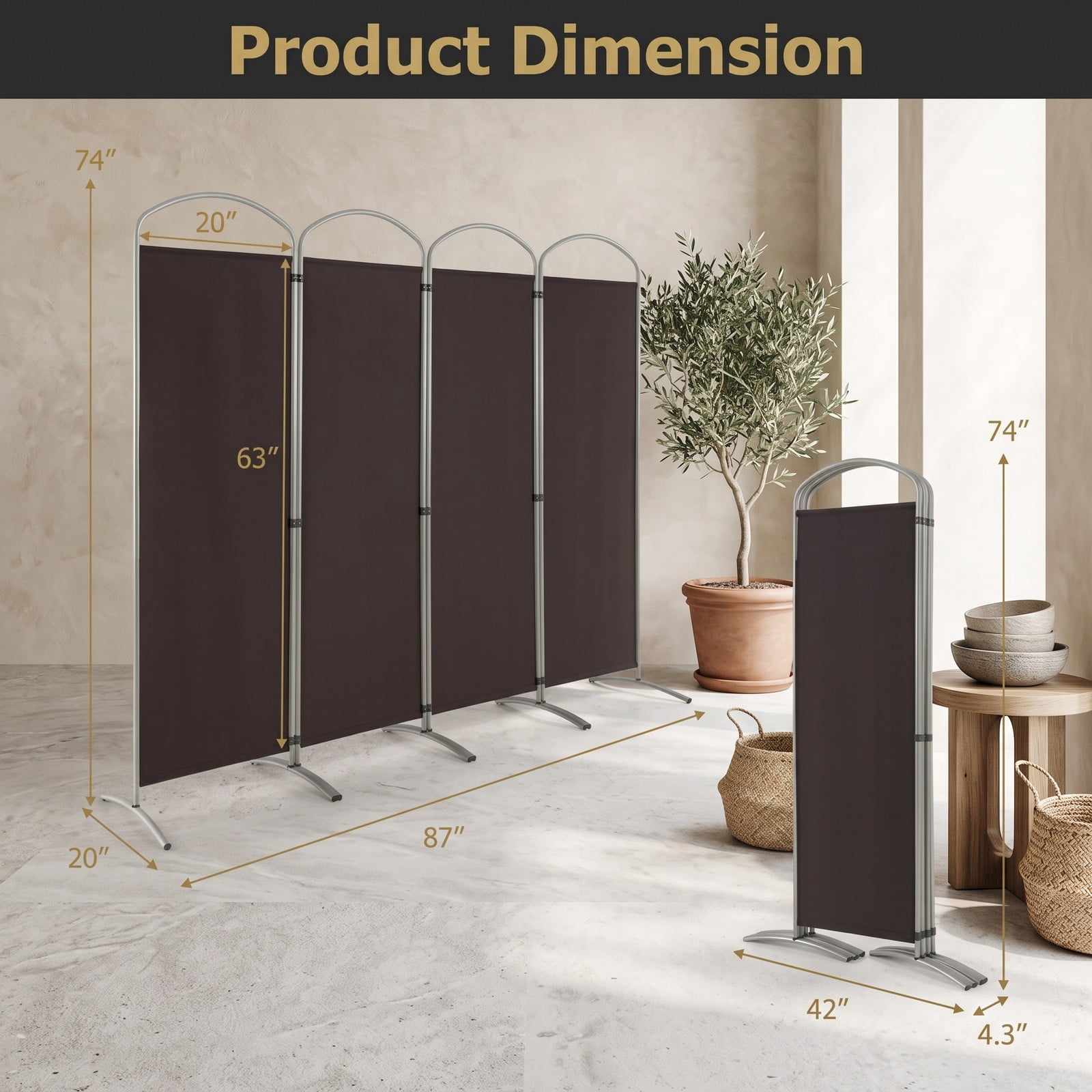 ALPULON 6.2Ft Folding 4-Panel Room Divider Freestanding Privacy Screen Partition for Home Office Living Room Bedroom, Polyester Fabric with Metal Base, Brown