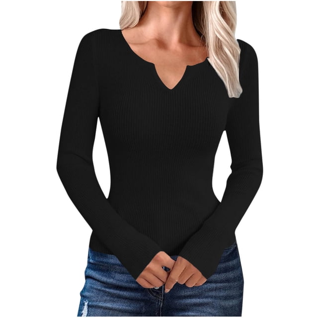 Swstbby Soldes d'Automne! Hauts d'Automne pour Femmes Grande Taille, Mode Décontractée à Manches Longues Col en V Noir TG