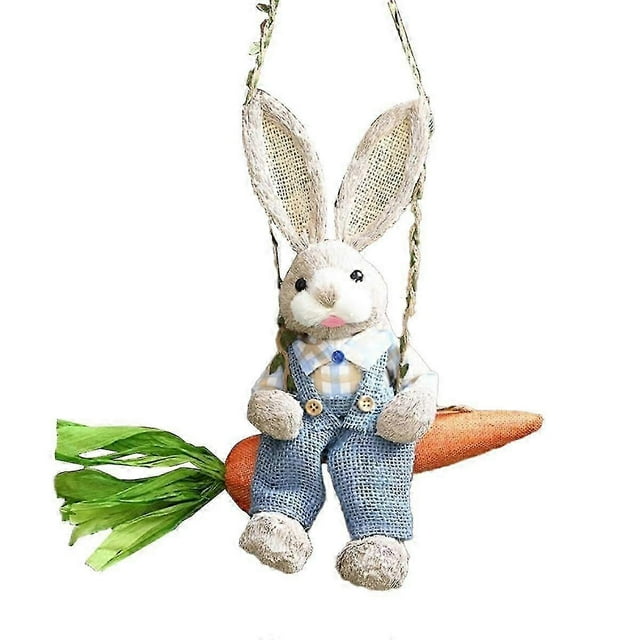 Easter Straw Bunny Figurine, Straw Rabbit on Carrot Swing, Bunny Statue Hanging Ornament for Easter Holiday Home Decor B