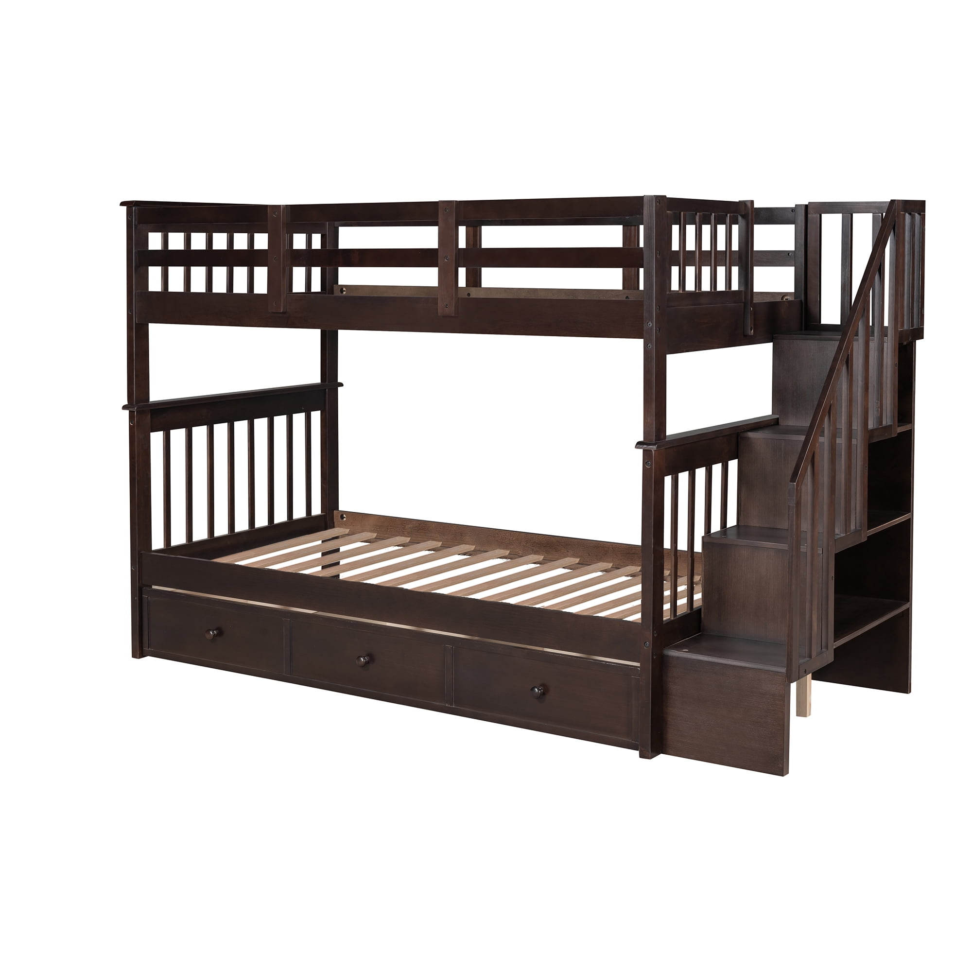 Mintazer Twin Over Twin Bunk Bed with Staircase & 3 Drawers, Kids Bunk Bed with Storage for Bedroom Guest Room, Espresso