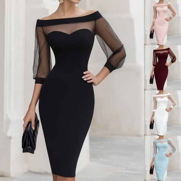 2026 Elegant Off-Shoulder Mesh Sleeve Bodycon Dress for Women, Sweetheart Neck Midi Cocktail Party Dress, Formal & Wedding Guest Wear