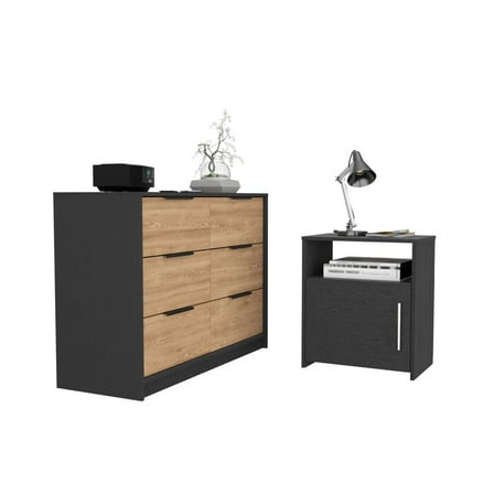 Bangor 2 Piece Bedroom Set, Drawer Dresser   Nightstand, Black / Pine
