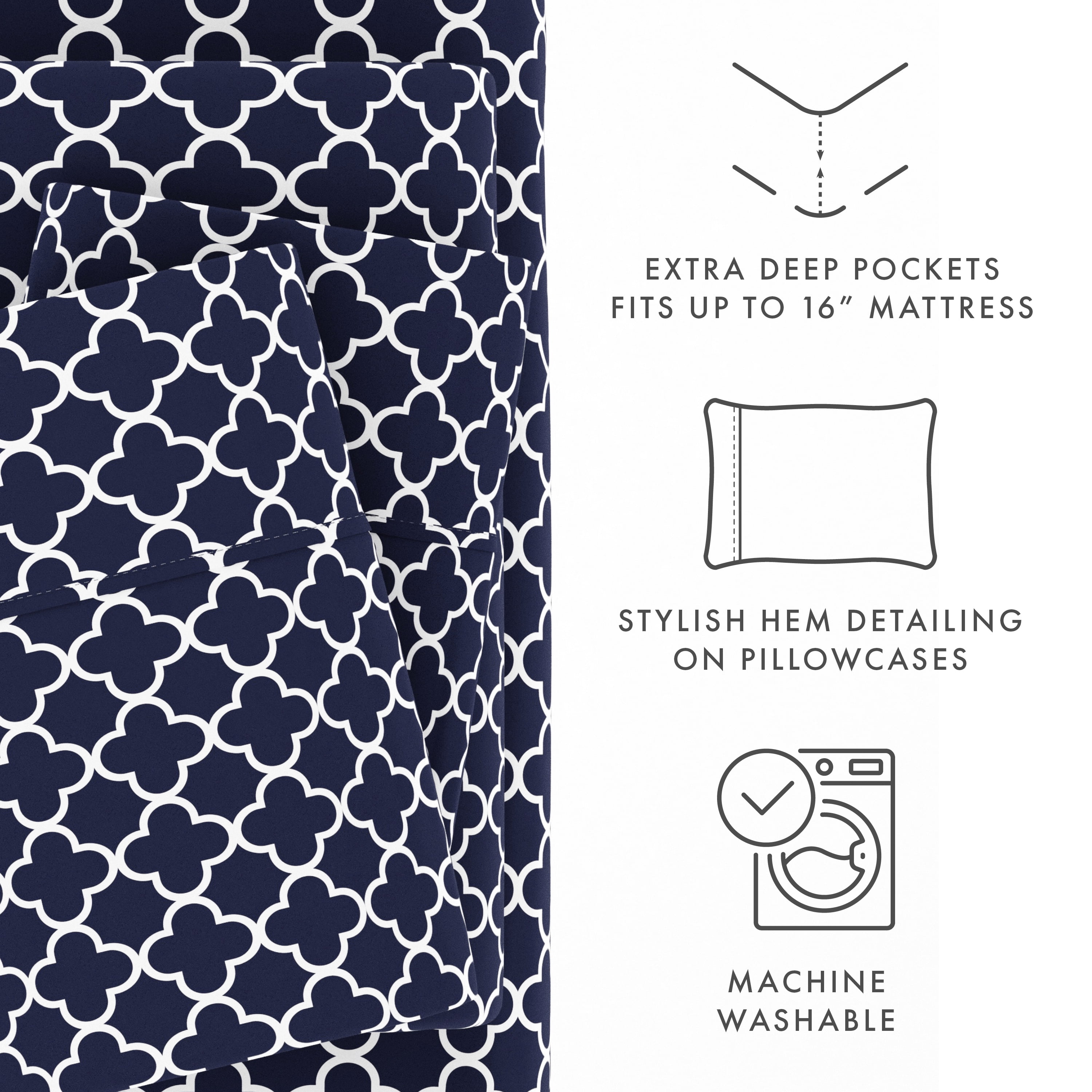 Noble Linens 4 Piece Pattern Microfiber Bed Sheets Set, Navy Quadrafoil, King