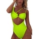 thumbnail image 3 of Traje de baño de una pieza Monokini de corte alto con espalda fruncida y un hombro para mujer, verde neón, L Feliz Sencillez, 3 of 5