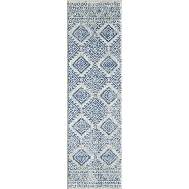 7'x12' Ivory Blue Machine Woven Distressed Geometric Indoor Area Rug