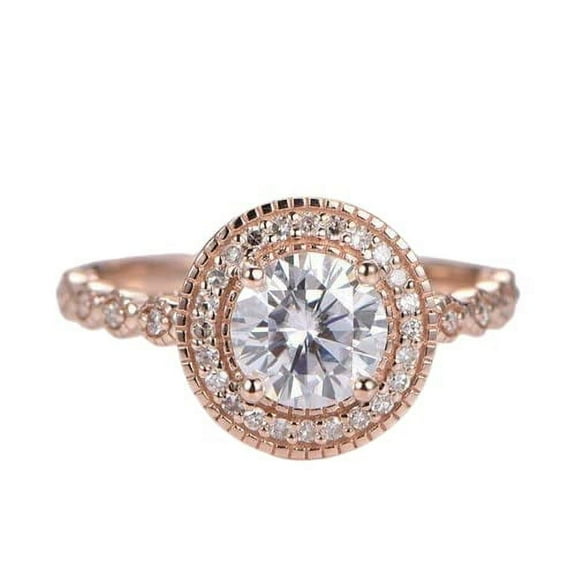 HeartsAndYou Antique Inspired Halo Engagement Ring for Women 1.8ct Round Cut Moissanite 18k Rose Gold over Silver