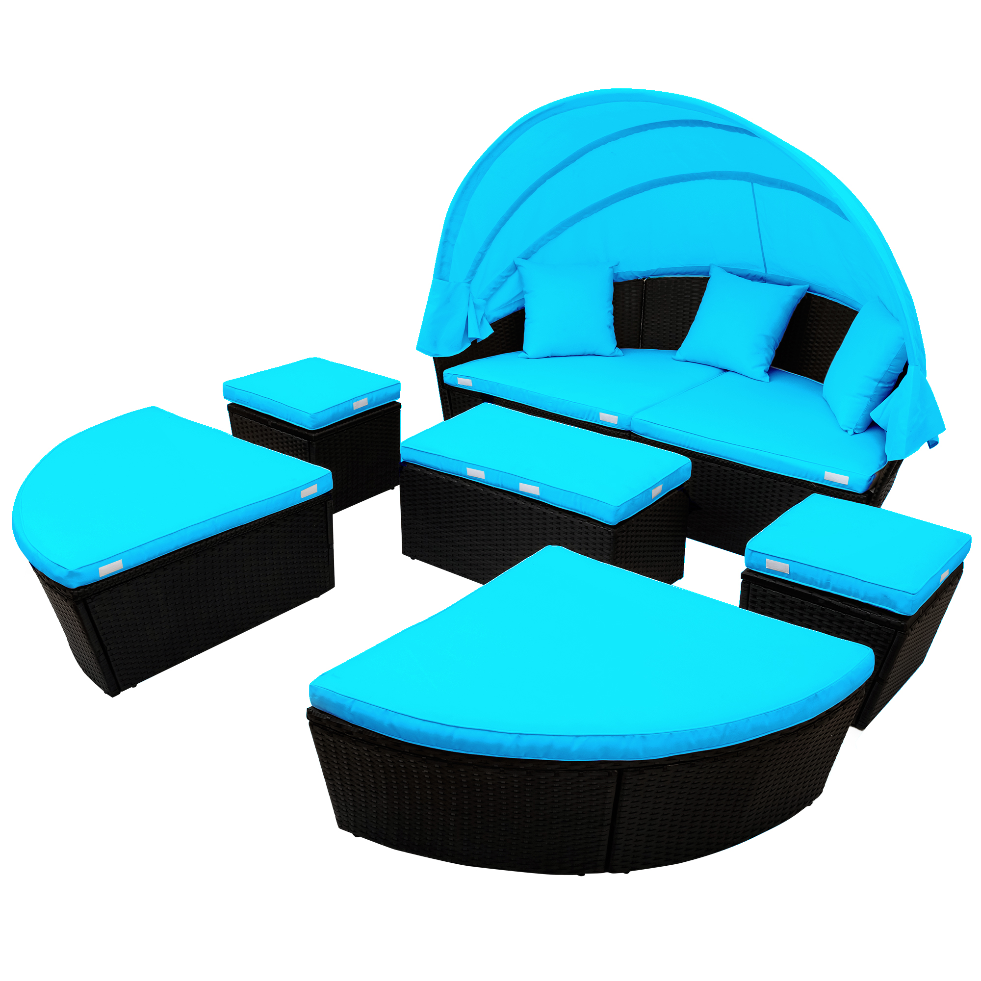 Canddidliike Outdoor Lounge Round Sofa Set w/Blue Cushions for Patio Sectional Furniture - Black Wicker - image 4 of 10