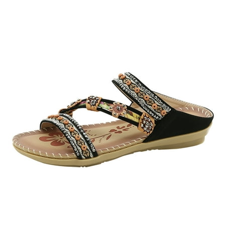 

Ediodpoh Summer Fashion Women Casual Open Toe Flat Flowers Rhinestone Comfortable Soft Bottom Breathable Slip on Shoes Sandals Beach Sandals for Woman Black 7(38)