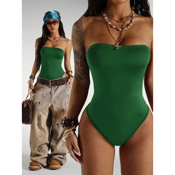 Sleeveless Bandeau Bodysuit In Emerald Green, Streetwear Style, Womens Tight Fit