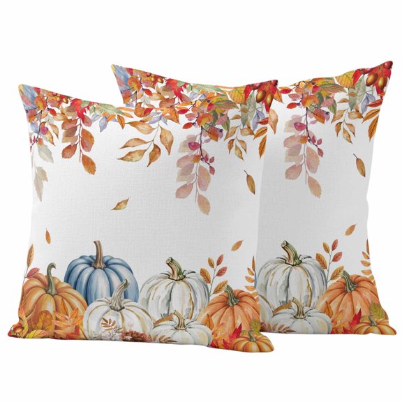 Orange Blue Thanksgiving Fall Outdoor Waterproof Pillow Covers, Autumn Botanical Pumpkins Decorative Square Throw Pillowcase Sofa Cushion Sham for Patio/Couch/Chair, 20"x20" 2 Pack