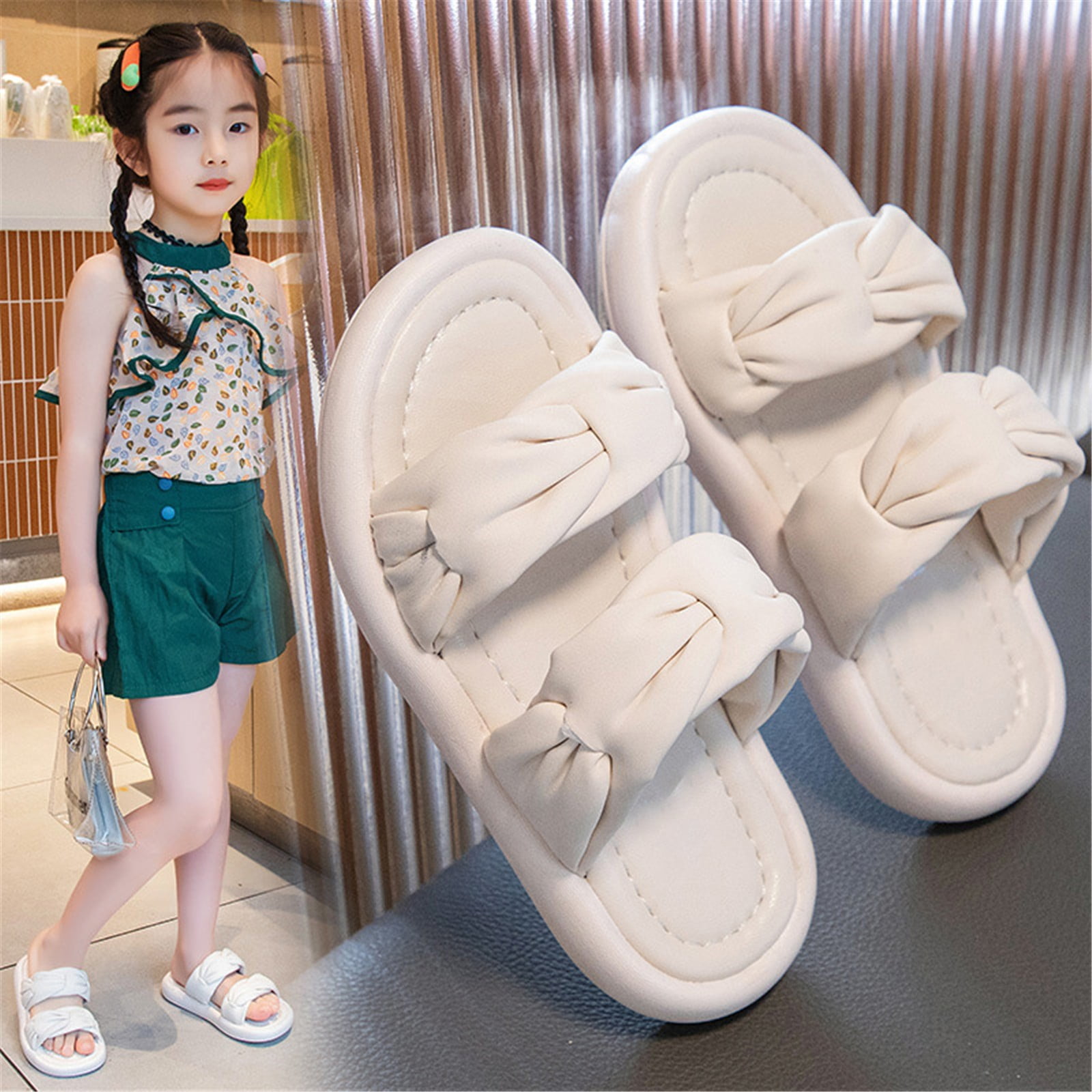PEASKJP House Slippers for Girl Slide Sandals for Kids Comfy Shower Slippers Beach Shoes Beige 26