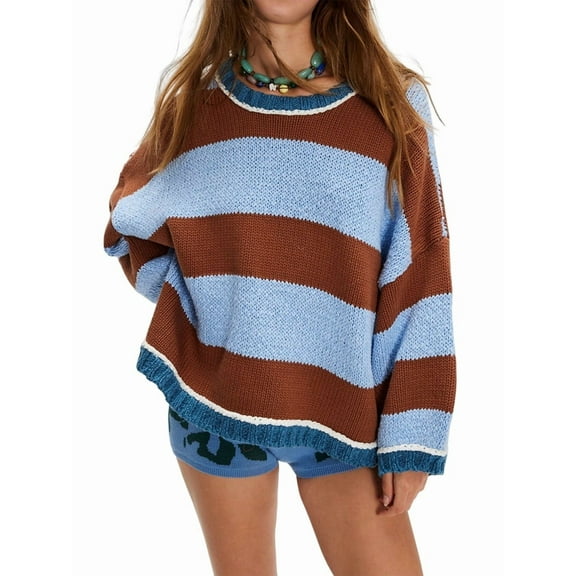 Vintage Sweaters for Women Crewneck Long Sleeve Preppy Oversized Knit Pullover Tops Coffee Color XL