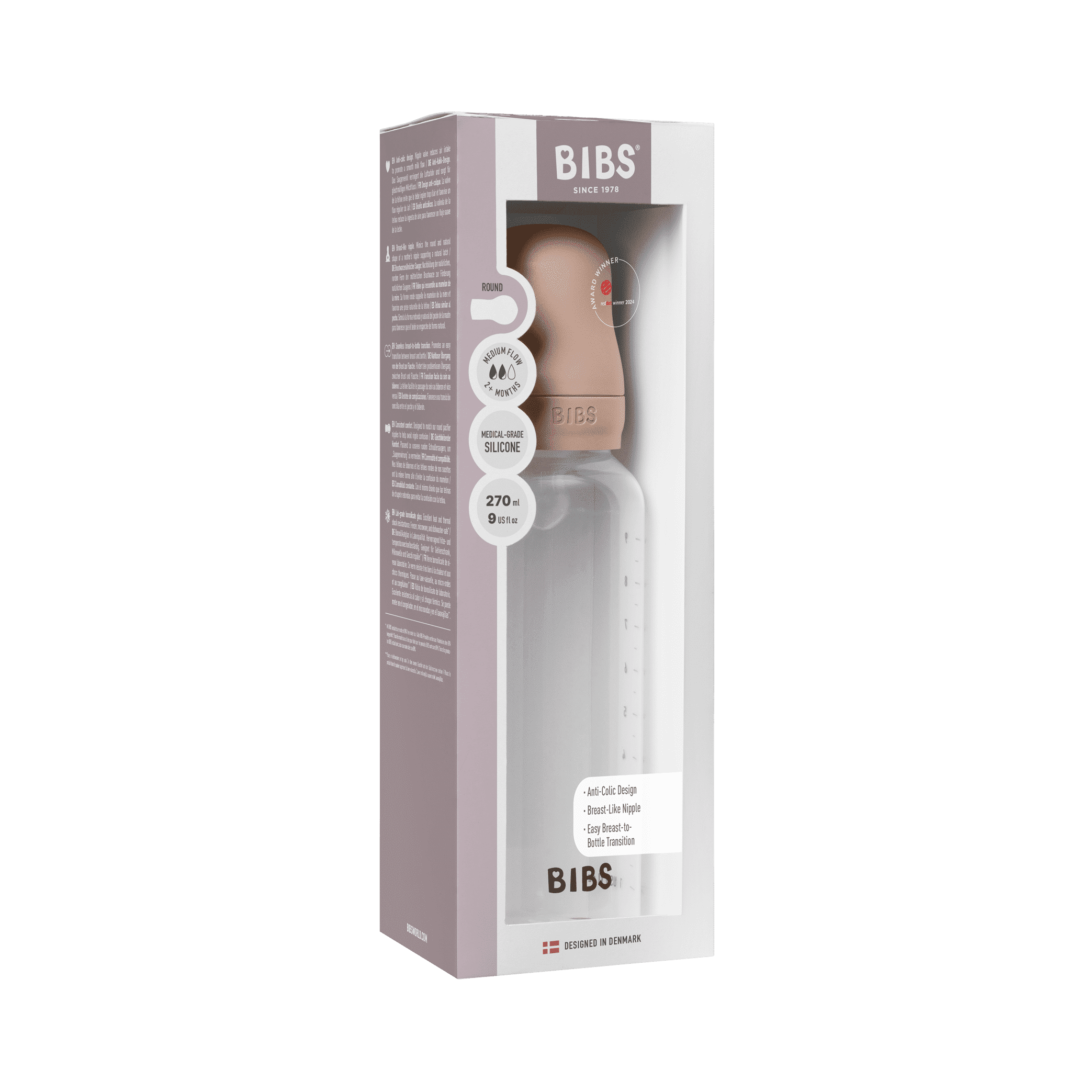 BIBS Baby Bottle with Medium Flow Silicone Nipple, Blush, 9 oz, 1 Each