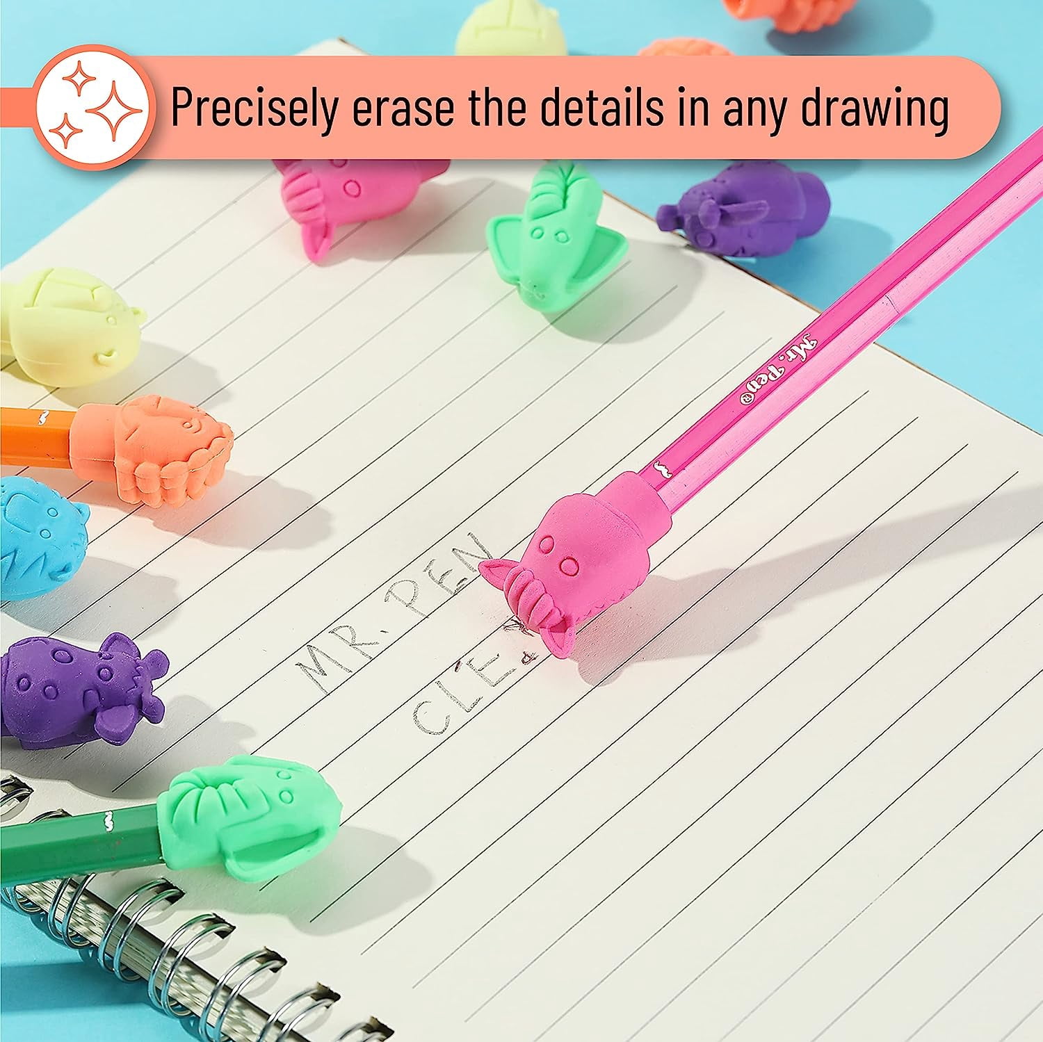 Mr. Pen Animal Eraser Pencil Caps Erasers, Assorted Colors, 60 Pack