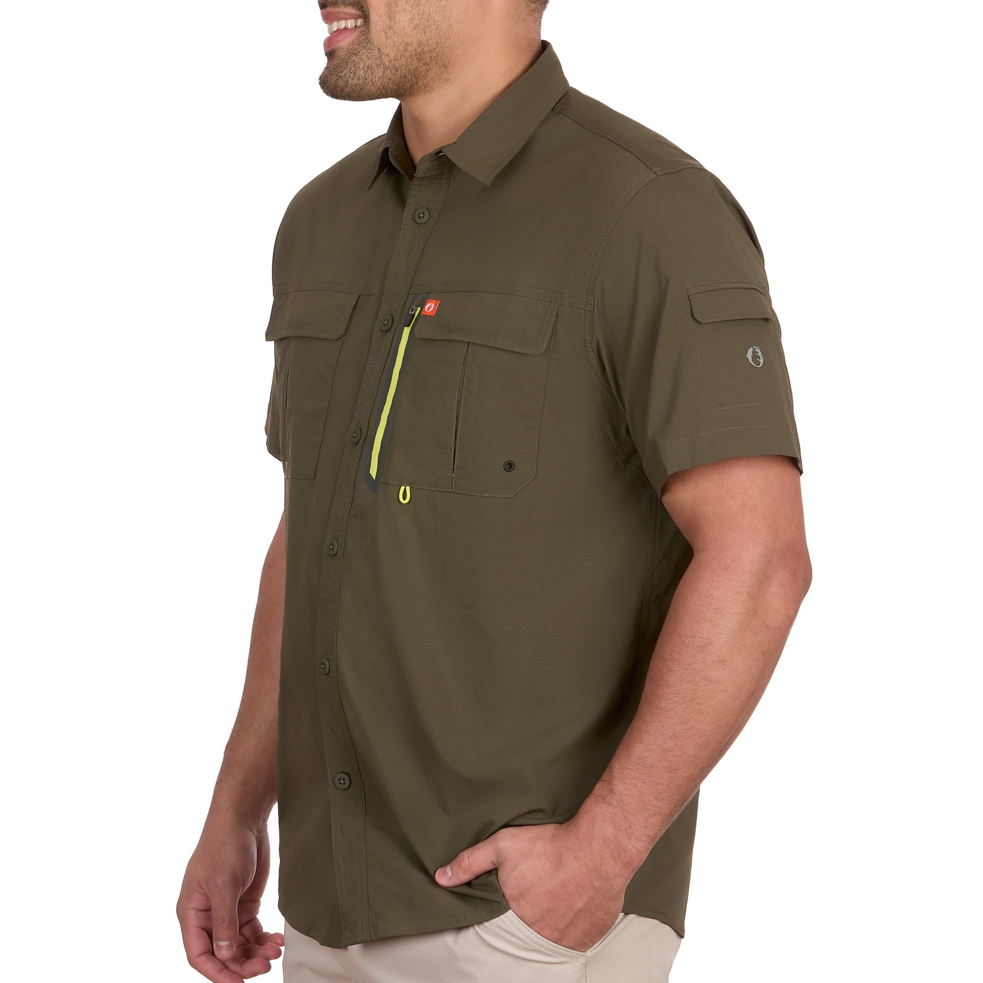 The American Outdoorsman Blackfoot River Fishing Shirt, Short Sleeve - Quick Dry, UPF 30 UV Protection, Modern Fit, Breathable Eyelets and Waterproof Chest Zip Multiple Pocket (Jungle Green, Medium)