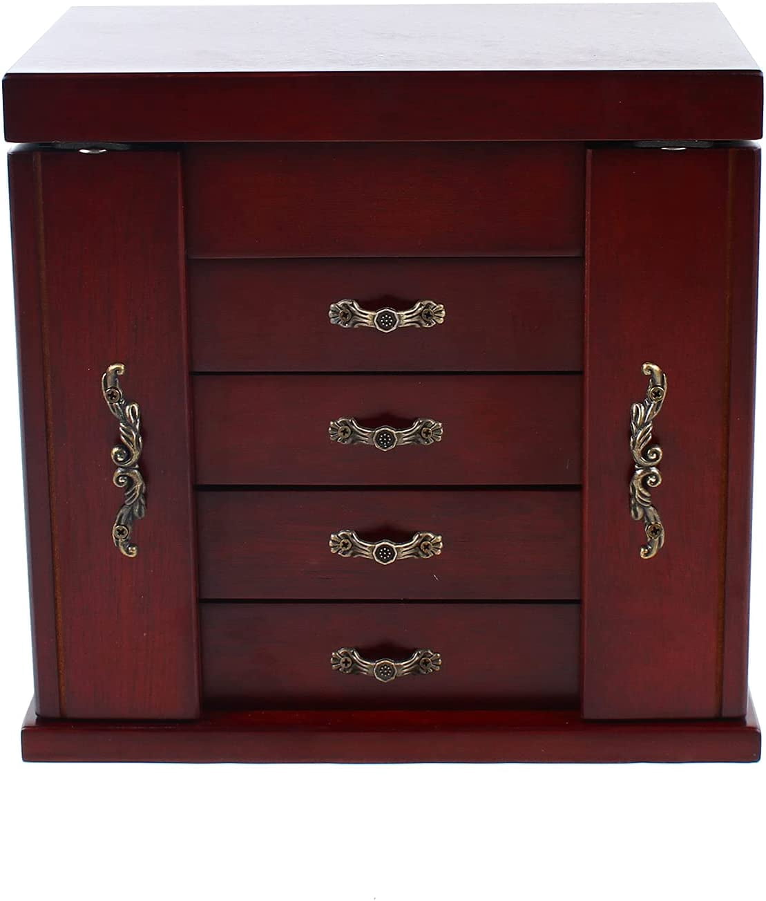 Large Wooden Jewelry Box with Built-in Mirror, 5 Drawers Jewelry Case with Side Organizer, Watches Necklace Ring Storage Box for Women