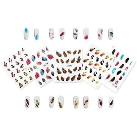 Beaute Galleria 5 Sheets Nail Art Water Slide Decals Transfer Stickers Tattoos Feather Acrylic Gel Nail Tips Decorations ( with instructions (Best Tattoo Care Instructions)