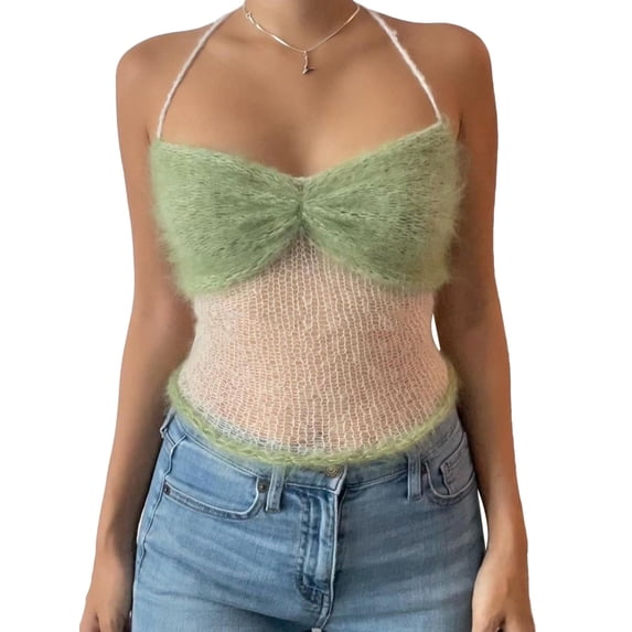 Liacowi Women Sleeveless Spaghetti Knitted Tank Vest Sexy V Neck Backless Cami Top Low-Cut Crop Tops Clubwear