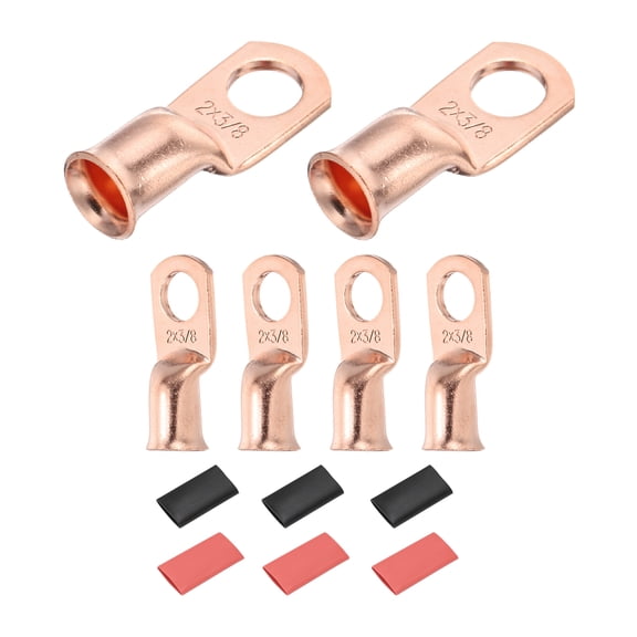 6 Pcs 2 AWG - 3/8" Copper Cable Lugs, Battery Cable End with 6pcs Heat Shrink
