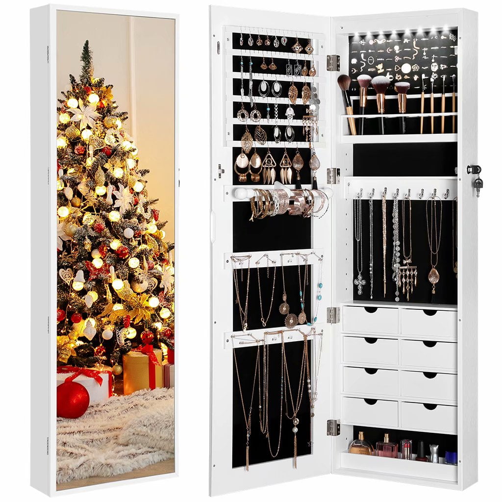 LANGRIA 8 LEDs Mirror Jewelry 47"H Lockable Jewelry Armoire