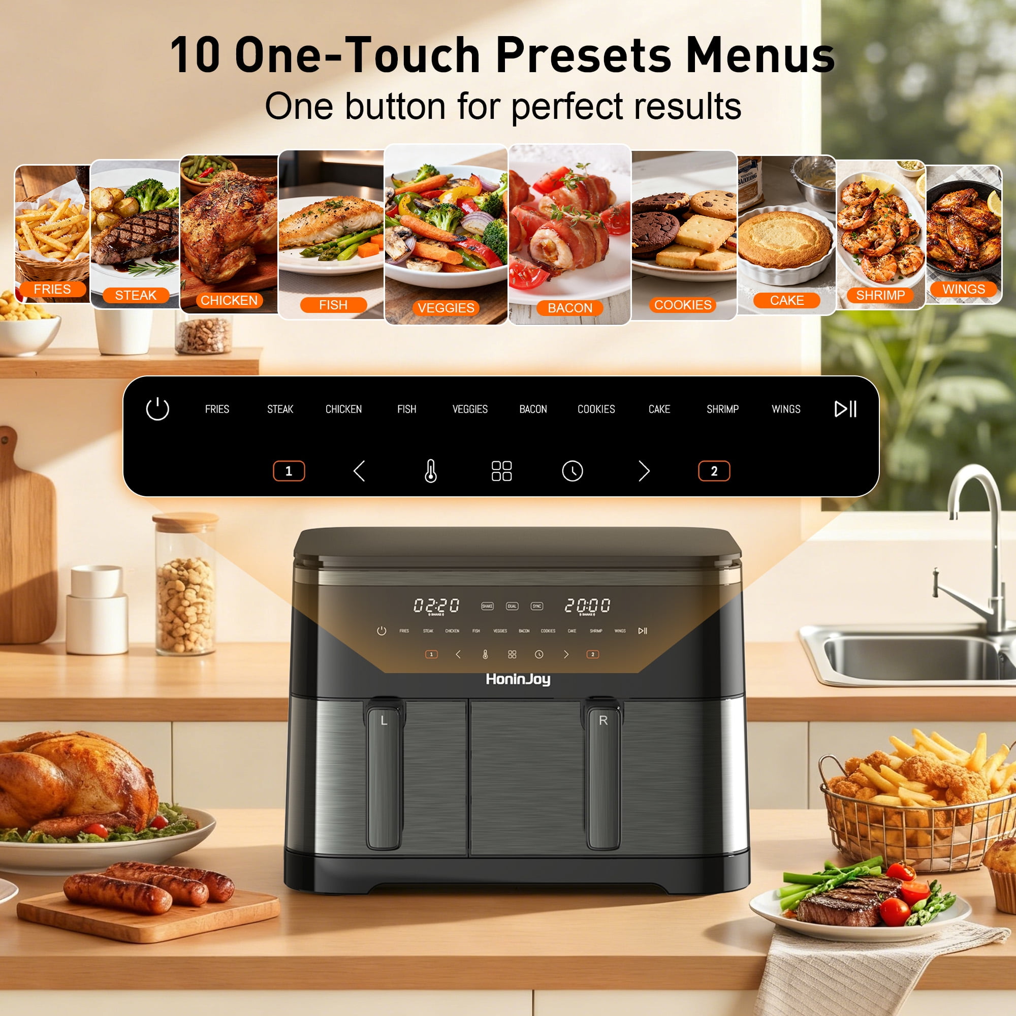 HoninJoy Large Double Air Fryer, 10-in-1 Independent  4+8 QT Baskets Air Fryer with LED Touch Screen (Air Fryer Liner Inclued)