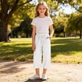 thumbnail image 6 of Favoffer Big Girls Pants Linen Cotton Smocked High Waist Loose Fit Wide Leg Capri Bottoms With Pockets Casual Long Trousers for Daily Wear 4-14Y, 6 of 8