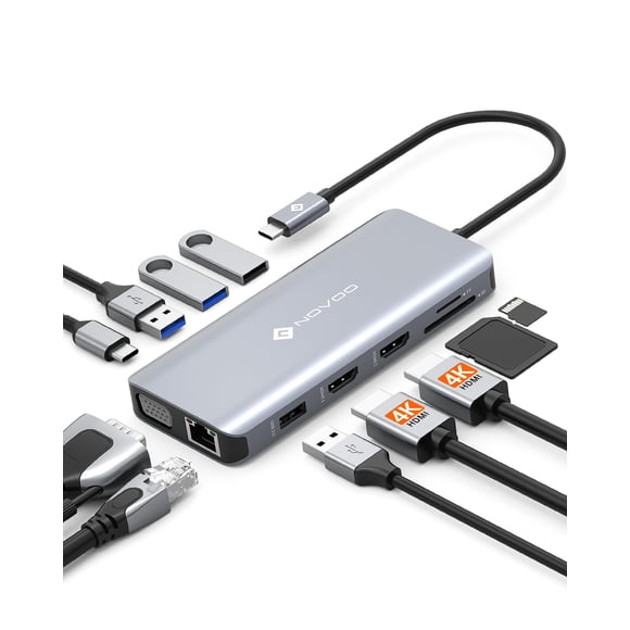 Estación de acoplamiento USB C NOVOO 11 en 1, doble HDMI, VGA, 100 W PD