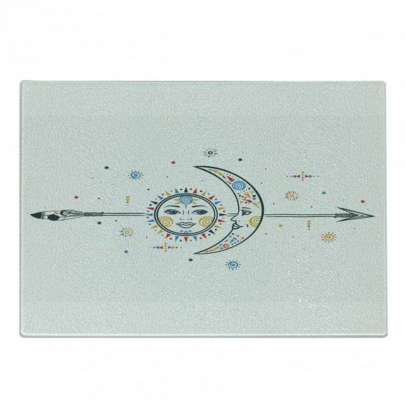 Aztec Cutting Board, Moon Sun Spiral Vortex Stars Occult Art Theme Image Print, Decorative Tempered Glass Cutting and Serving Board, Small Size, Multicolor, by Ambesonne