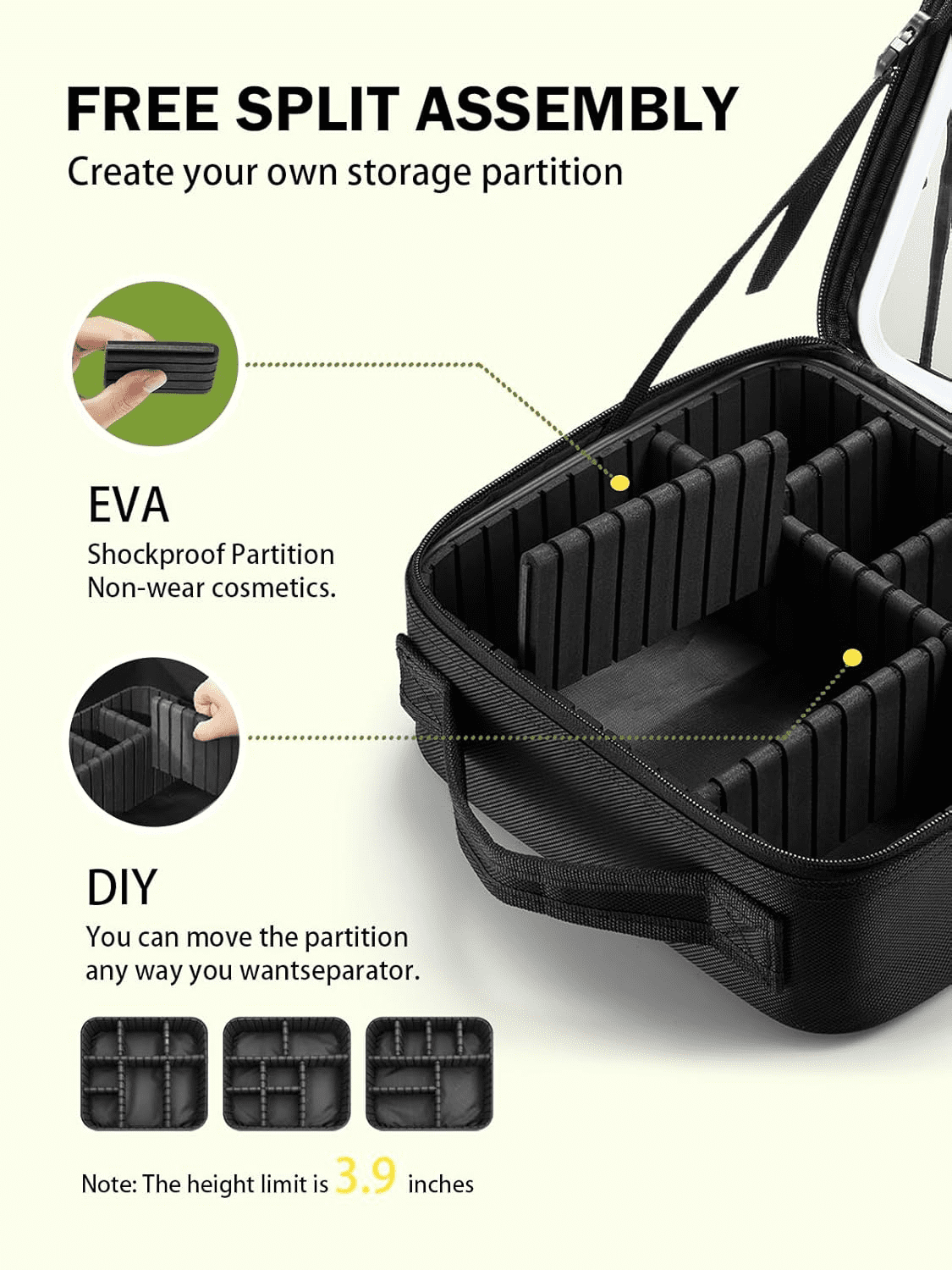 Yzhappy Travel Makeup Bag With LED Mirror, Cosmetic Train Case with Light up Mirror, Portable Makeup Artist Organizer Bag with Adjustable Dividers, Makeup Brush Holder Storage, Black