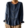thumbnail image 2 of Womens Cotton Linen Shirts Long Sleeve Button Down Crewneck Ruffled Blouses Trendy Casual Loose Cute Comfy Tops, 2 of 6