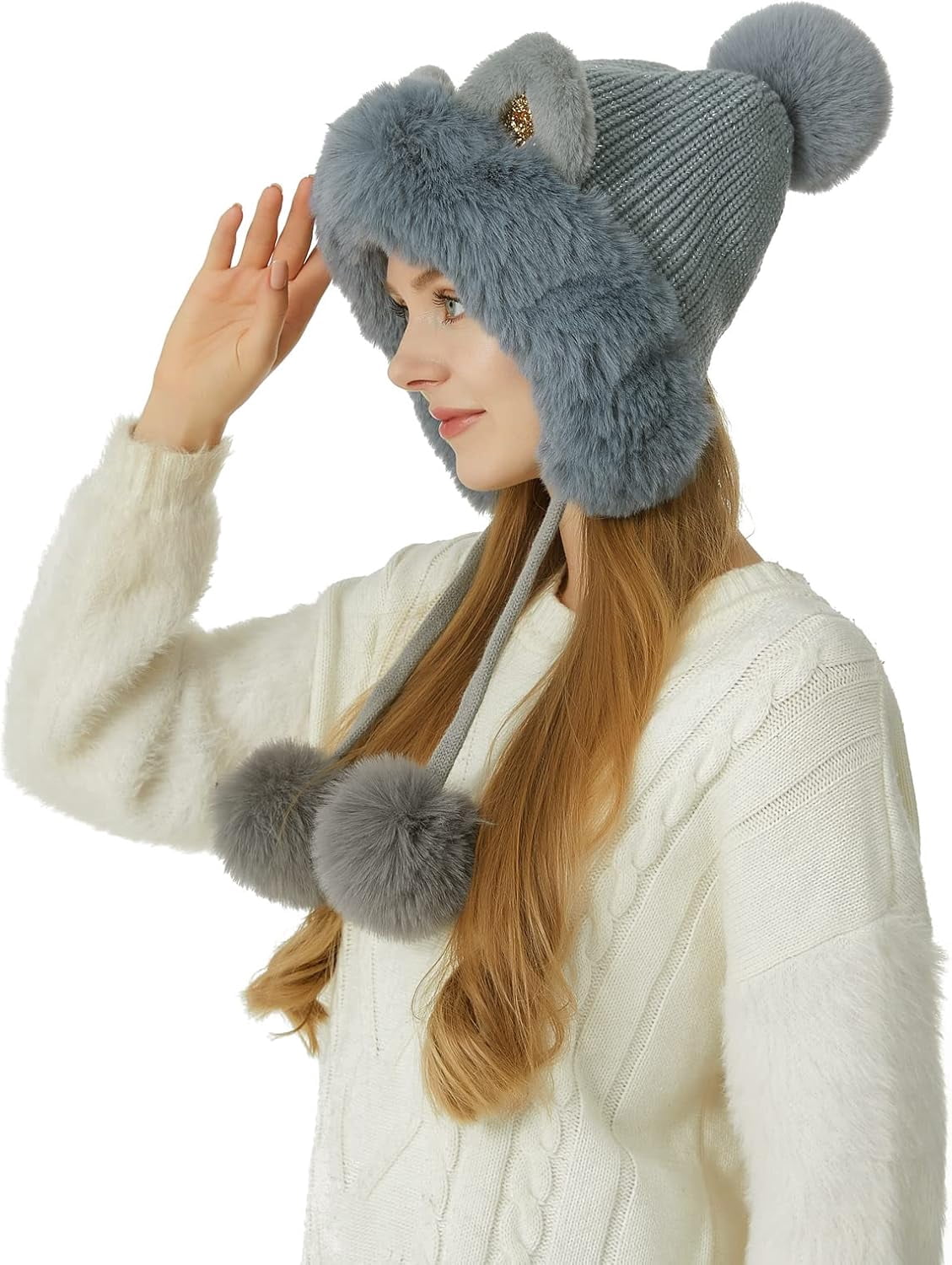 Women Winter Cover Ears Beanie Hat Ear Flaps Ski Snow Hats Knit Fleece Lined 3 Pom Pom