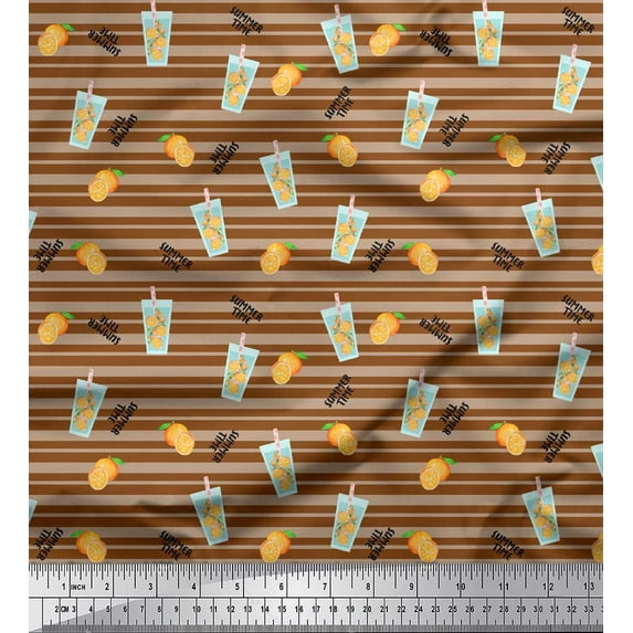 Soimoi Brown Cotton Duck Fabric Stripe & Orange Fruits Print Fabric by the Yard 42 Inch Wide