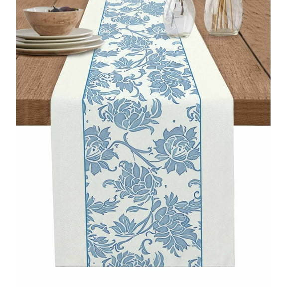 Table Runner Dresser Scarves 60 Inch Long,Abstract Ethnic Tribal Flower Texture Linen Dining Table Runners Vintage Blue Floral on White Tabletop Scarf for Wedding Holiday Party Kitchen