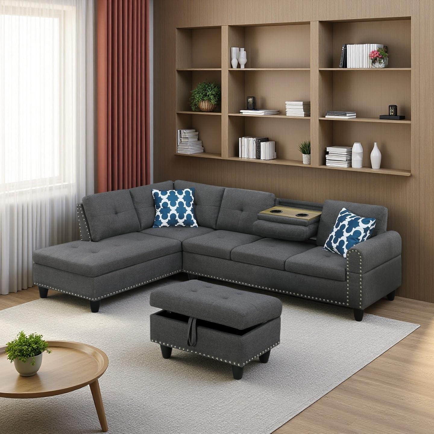 AENKYO 98" L-Shaped Sectional Sofa with Reversible Chaise, Storage Ottoman & Cup Holders, Dark Gray