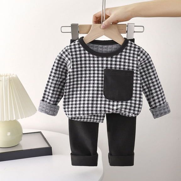 100% Cotton Kids Kids Girl 2pc Outfit Set - Black Gingham Top & Solid Pants, Soft Breathable Easy-On Daily Wear for 0-6 Years (80-150cm),Size 0-1T